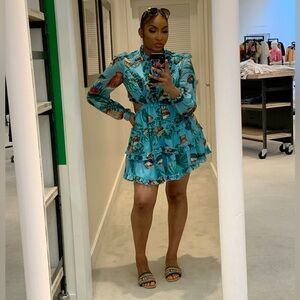 Chalyne Steer Blue & Green Tropical Chiffon Mini Dress Sz S | Ruffle | EUC